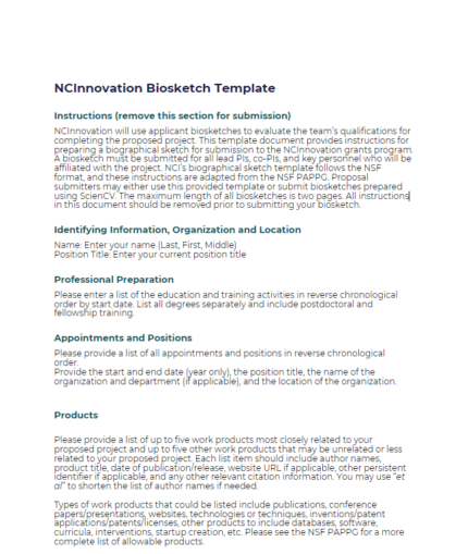 Preview of Pre-Application Biosketch Template