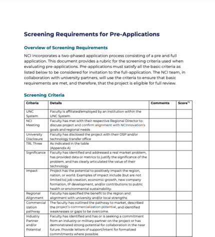 Preview of Pre-Application Evaluation Criteria